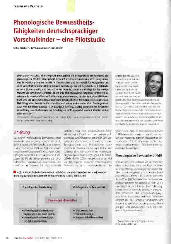 Vorschauseite 1: Phonologische Bewusstheitsfähigkeiten deutschsprachiger Vorschulkinder - eine Pilotstudie