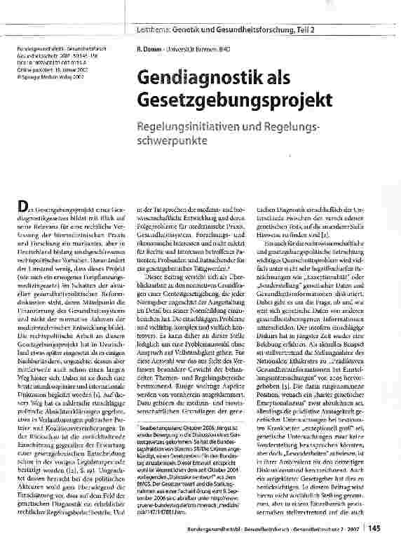 Vorschauseite 1: Gendiagnostik als Gesetzgebungsprojekt