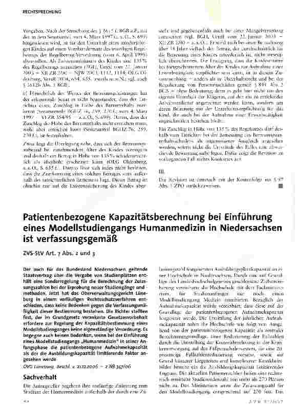 Vorschauseite 1: Patientenbezogene Kapazitätsberechnung bei Einführung eines Modellstudiengangs Humanmedizin in Niedersachsen ist verfassungsgemäß