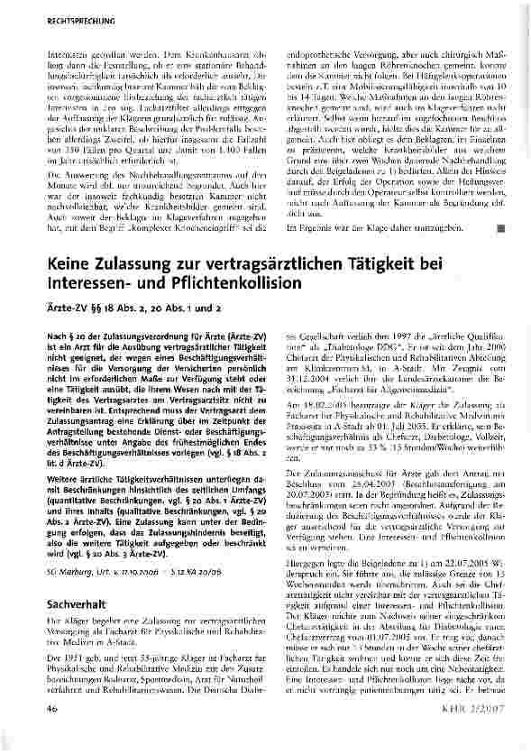 Vorschauseite 1: Keine Zulassung zur vertragsärztlichen Tätigkeit bei Interessenund Pflichtenkollision