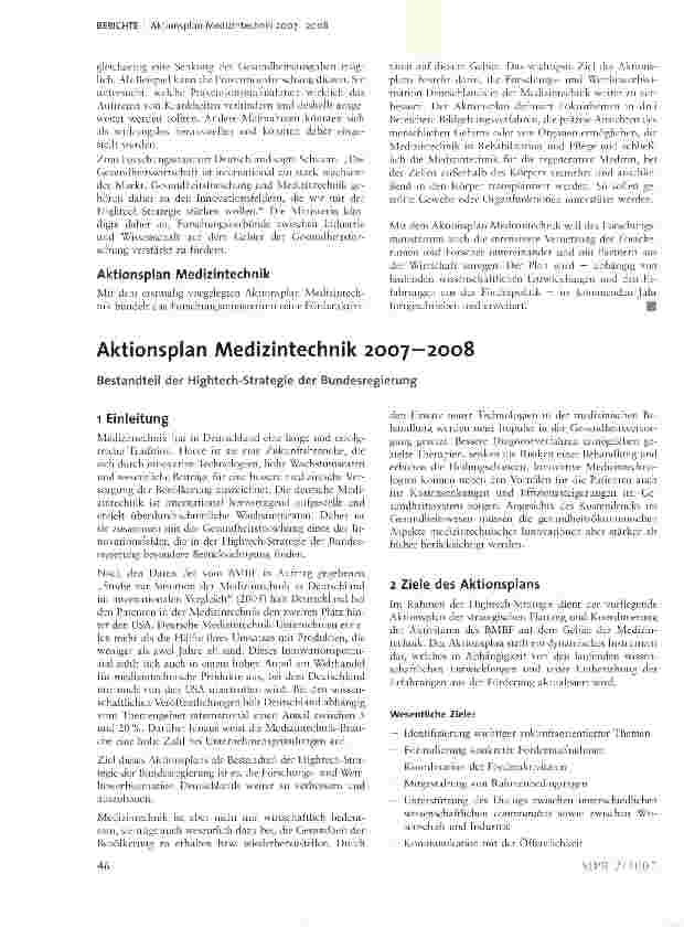 Vorschauseite 1: Aktionsplan Medizintechnik 2007-2008