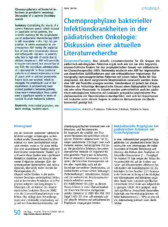 Vorschauseite 1: Chemoprophylaxe bakterieller Infektionskrankheiten in der pädiatrischen Onkologie: Diskussion einer aktuellen Literaturrecherche