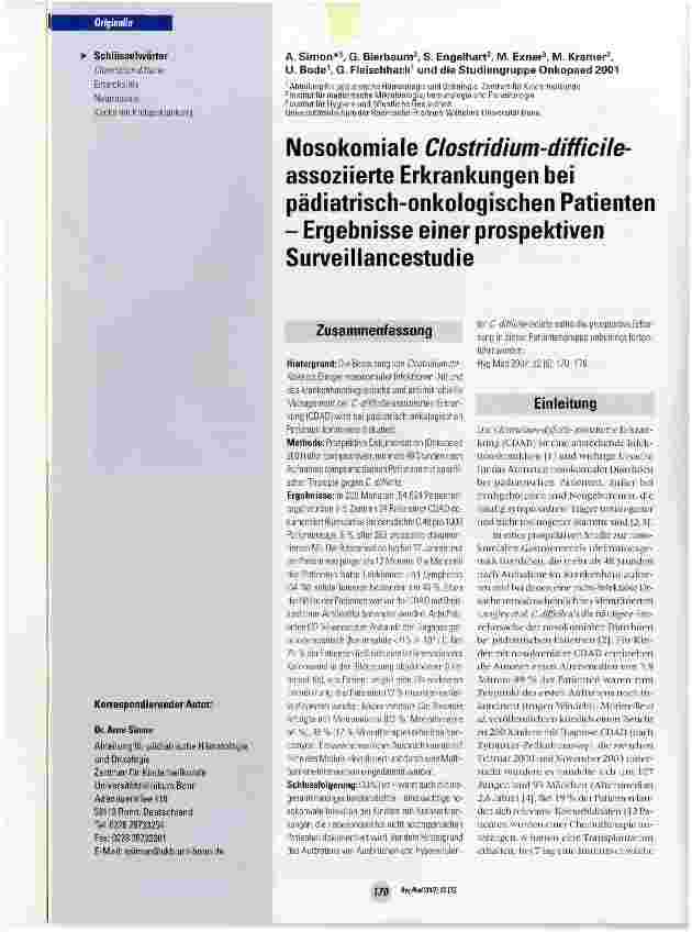 Vorschauseite 1: NosokomiaIe Clostridium-difficile-assoziierte Erkrankungen bei pädiatrisch-onkologischen Patienten - Ergebnisse einer prospektiven Surveillancestudie