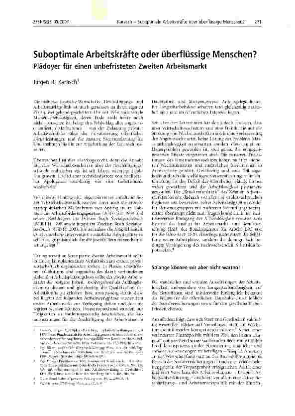 Vorschauseite 1: Suboptimale Arbeitskräfte oder überflüssige Menschen? Plädoyer für einen unbefristeten Zweiten Arbeitsmarkt