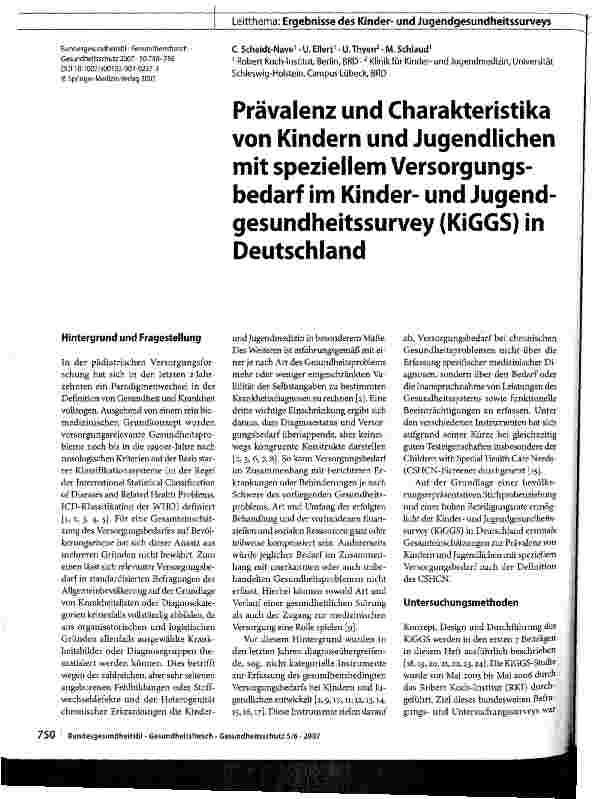 Vorschauseite 1: Prävalenz und Charakteristika von Kindern und Jugendlichen mit speziellem Versorgungsbedarf im Kinderund Jugendgesundheitssurvey (KiGGS) in Deutschland