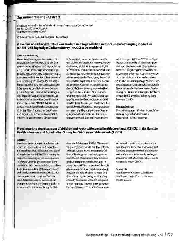 Vorschauseite 4: Prävalenz und Charakteristika von Kindern und Jugendlichen mit speziellem Versorgungsbedarf im Kinderund Jugendgesundheitssurvey (KiGGS) in Deutschland