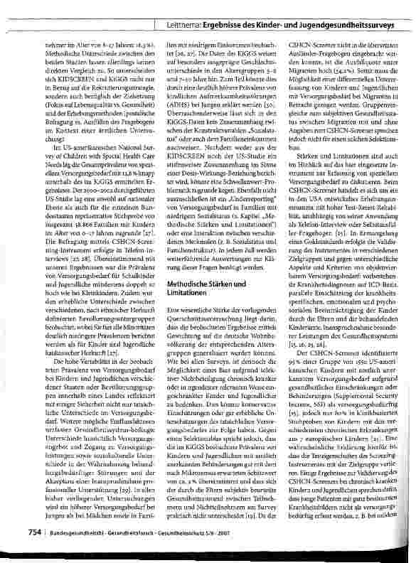 Vorschauseite 5: Prävalenz und Charakteristika von Kindern und Jugendlichen mit speziellem Versorgungsbedarf im Kinderund Jugendgesundheitssurvey (KiGGS) in Deutschland