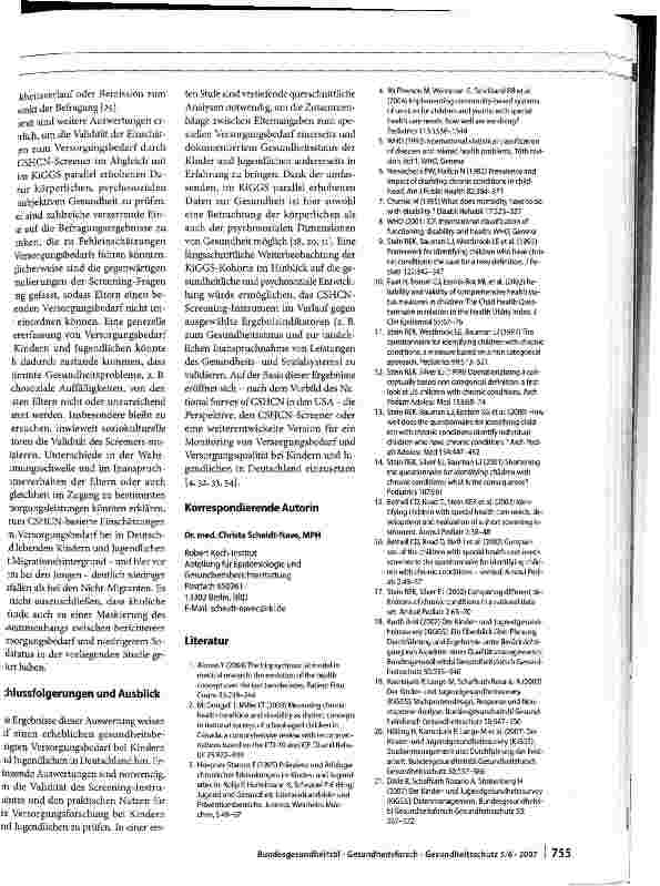 Vorschauseite 6: Prävalenz und Charakteristika von Kindern und Jugendlichen mit speziellem Versorgungsbedarf im Kinderund Jugendgesundheitssurvey (KiGGS) in Deutschland