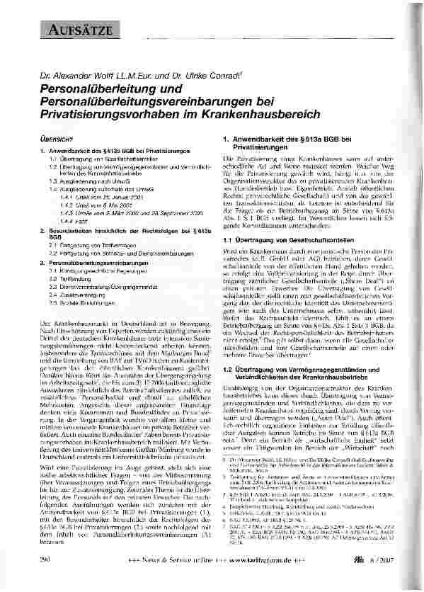 Vorschauseite 1: Personalüberleitung und Personalüberleitungsvereinbarungen bei Privatisierungsvorhaben im Krankenhausbereich