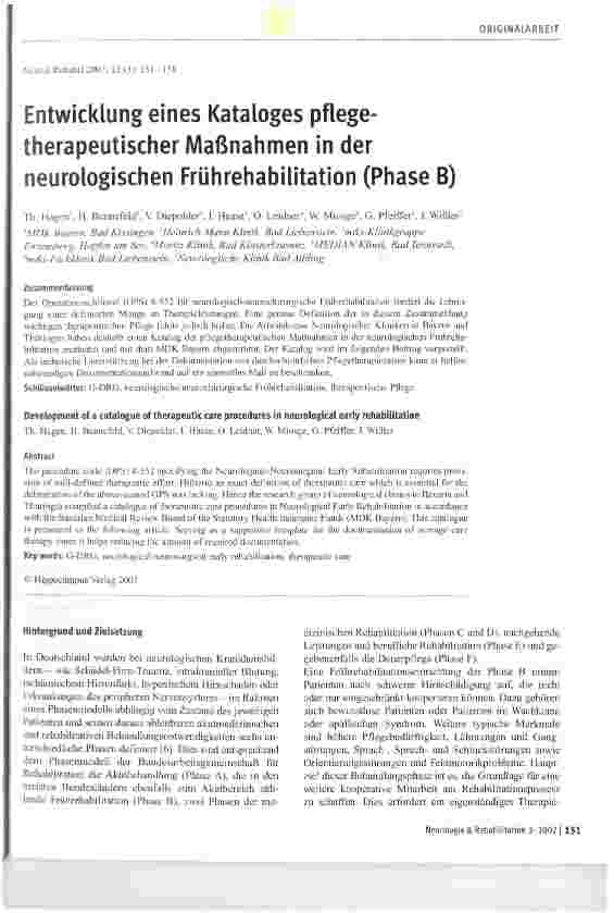 Vorschauseite 1: Entwicklung eines Kataloges pflegetherapeutischer Maßnahmen in der neurologischen Frührehabilitation (Phase B)