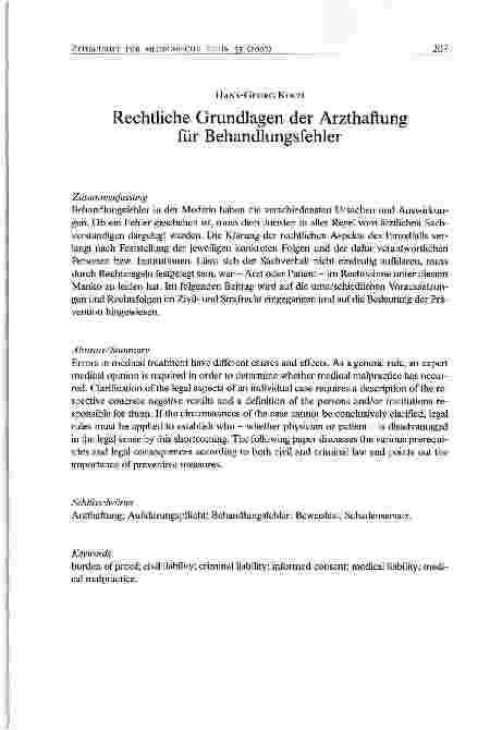 Vorschauseite 1: Rechtliche Grundlagen der Arzthaftung für Behandlungsfehler