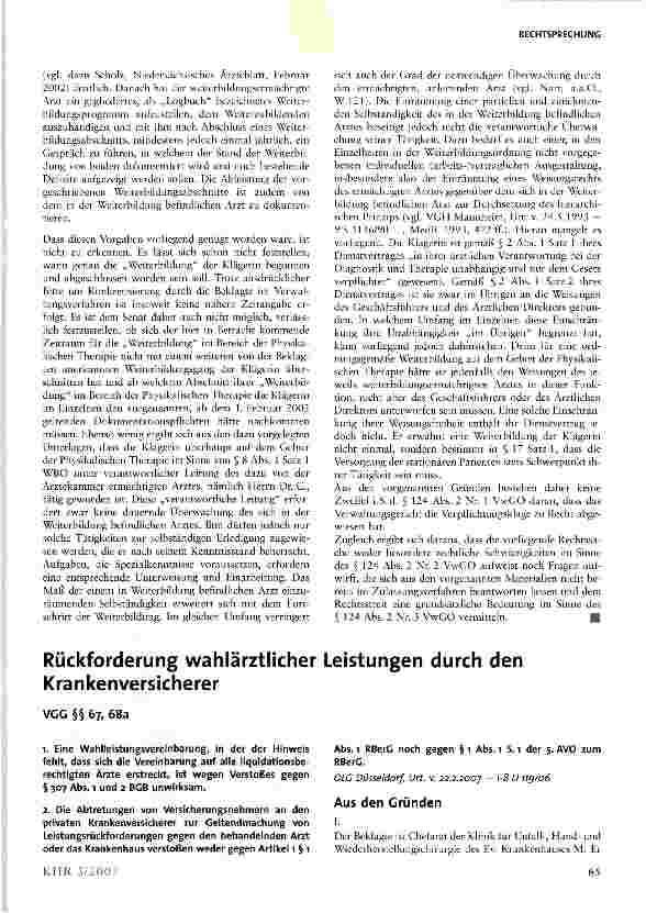 Vorschauseite 1: Rückforderung wahlärztlicher Leistungen durch den Krankenversicherer