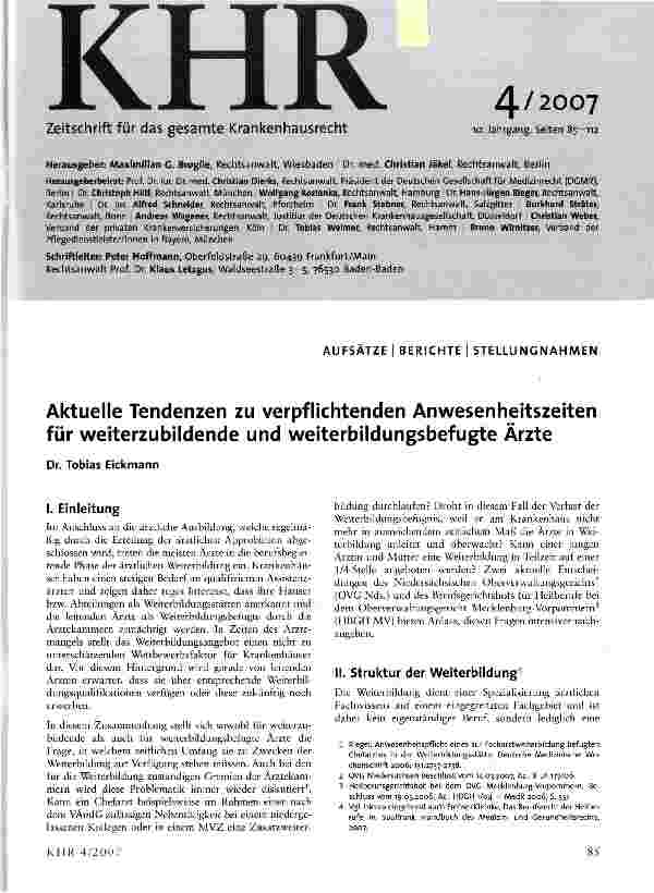 Vorschauseite 1: Aktuelle Tendenzen zu verpflichtenden Anwesenheitszeiten für weiterzubildende und weiterbildungsbefugte Ärzte