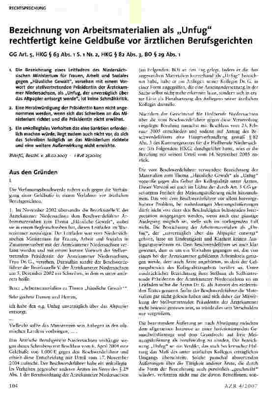 Vorschauseite 1: Bezeichnung von Arbeitsmaterialien als Unfug rechtfertigt keine Geldbuße vor ärztlichen Berufsgerichten