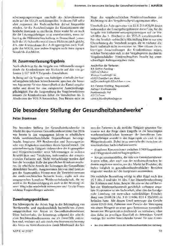 Vorschauseite 1: Die besondere Stellung der Gesundheitshandwerke