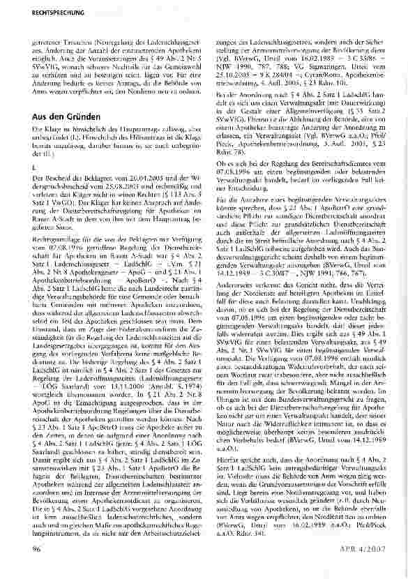 Vorschauseite 3: Kein Anspruch eines Apothekers auf Anordnung einer gleichartigen quotenmäßigen Beteiligung an einer Dienstbereitschaftsregelung unter Einbeziehung aller innerwie außerorts ansässi…