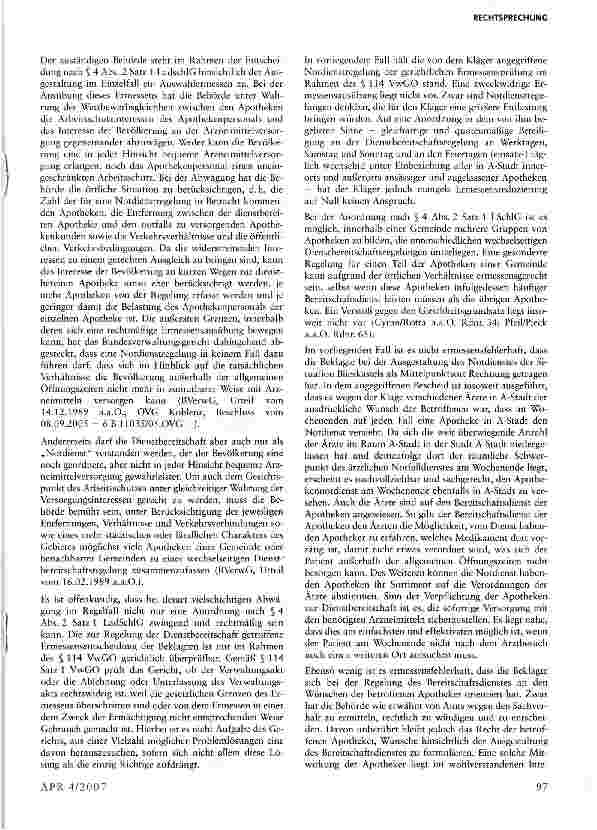Vorschauseite 4: Kein Anspruch eines Apothekers auf Anordnung einer gleichartigen quotenmäßigen Beteiligung an einer Dienstbereitschaftsregelung unter Einbeziehung aller innerwie außerorts ansässi…