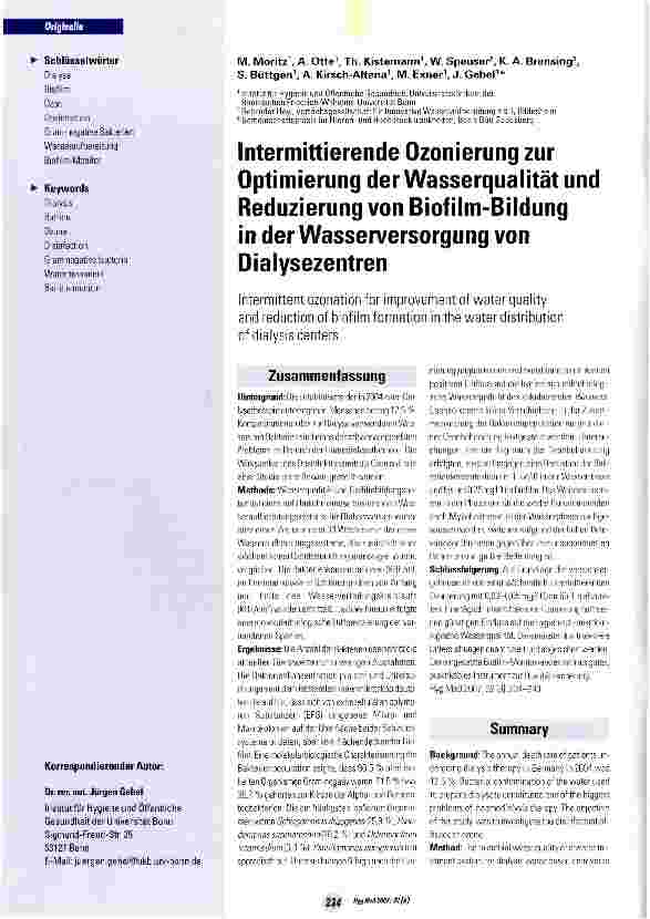 Vorschauseite 1: Intermittierende Ozonierung zur Optimierung der Wasserqualität und Reduzierung von Biofilm-Bildung in der Wasserversorgung von Dialysezentren
