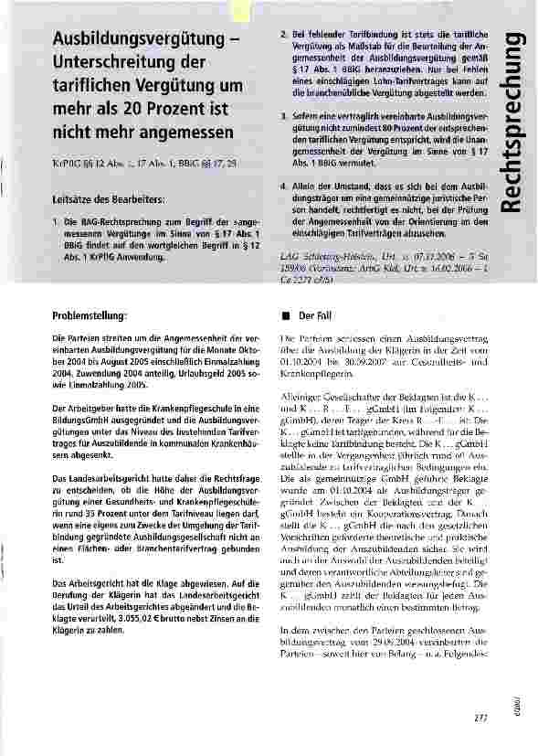 Vorschauseite 1: Ausbildungsvergütung -Unterschreitung der tariflichen Vergütung um mehr als 20 Prozent ist nicht mehr angemessen