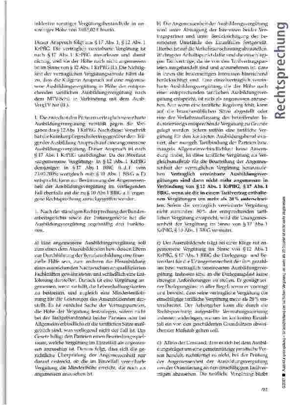 Vorschauseite 5: Ausbildungsvergütung -Unterschreitung der tariflichen Vergütung um mehr als 20 Prozent ist nicht mehr angemessen