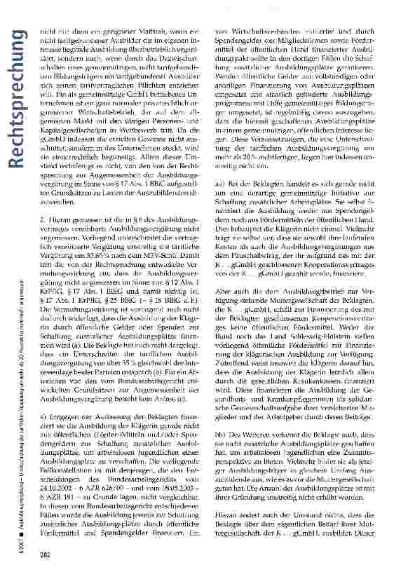 Vorschauseite 6: Ausbildungsvergütung -Unterschreitung der tariflichen Vergütung um mehr als 20 Prozent ist nicht mehr angemessen