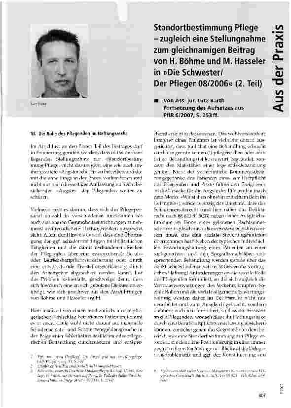 Vorschauseite 1: Standortbestimmung Pflege -zugleich eine Stellungnahme zum gleichnamigen Beitrag von H. Böhme und M. Hasseler in Die Schwester/ Der Pfleger 08/2006 (2. Teil)