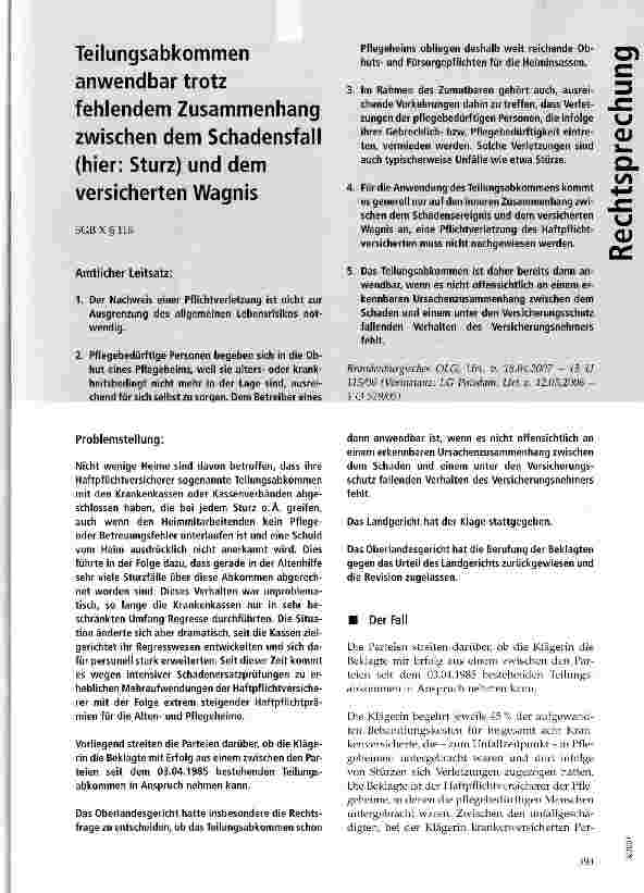 Vorschauseite 1: Teilungsabkommen anwendbar trotz fehlendem Zusammenhang zwischen dem Schadensfall (hier: Sturz) und dem versicherten Wagnis