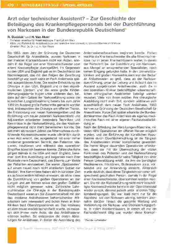Vorschauseite 1: Arzt oder technischer Assistent? - Zur Geschichte der Beteiligung des Krankenpflegepersonals bei der Durchführung von Narkosen in der Bundesrepublik Deutschland