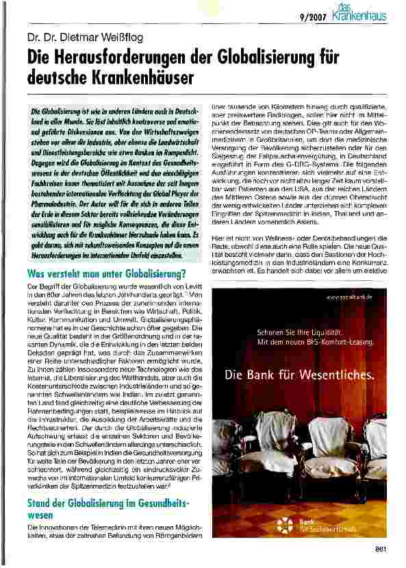 Vorschauseite 1: Die Herausforderungen der Globalisierung für deutsche Krankenhäuser