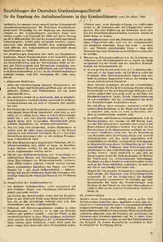 Vorschauseite 1: Empfehlungen der Deutschen Krankenhausgesellschaft für die Regelung des Aufnahmedienstes in den Krankenhäusern (29.03.66)
