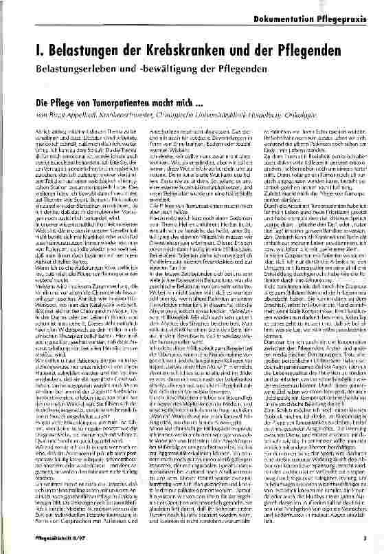 Vorschauseite 1: I. Belastungen der Krebskranken und der Pflegenden Belastungserleben und -bewältigung der Pflegenden