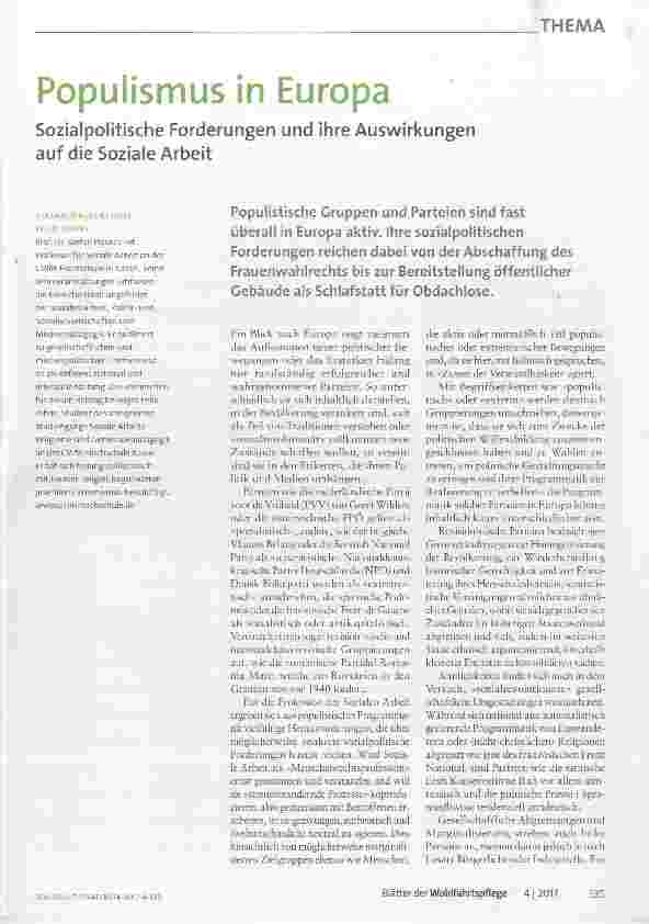 Vorschauseite 1: Populismus in Europa Sozialpolitische Forderungen und ihre Auswirkungen auf die Soziale Arbeit