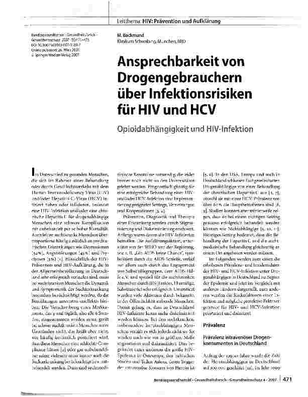 Vorschauseite 1: Ansprechbarkeit von Drogengebrauchern über Infektionsrisiken für HIV und HCV