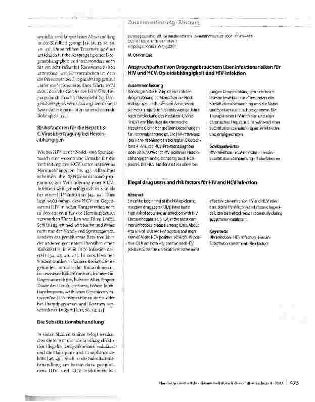 Vorschauseite 3: Ansprechbarkeit von Drogengebrauchern über Infektionsrisiken für HIV und HCV