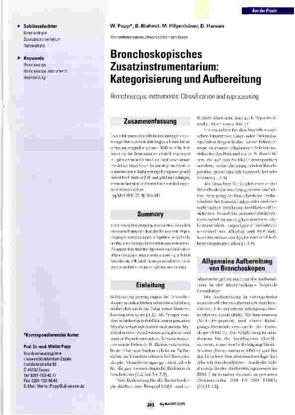 Vorschauseite 1: Bronchoskopisches Zusatzinstrumentarium: Kategorisierung und Aufbereitung