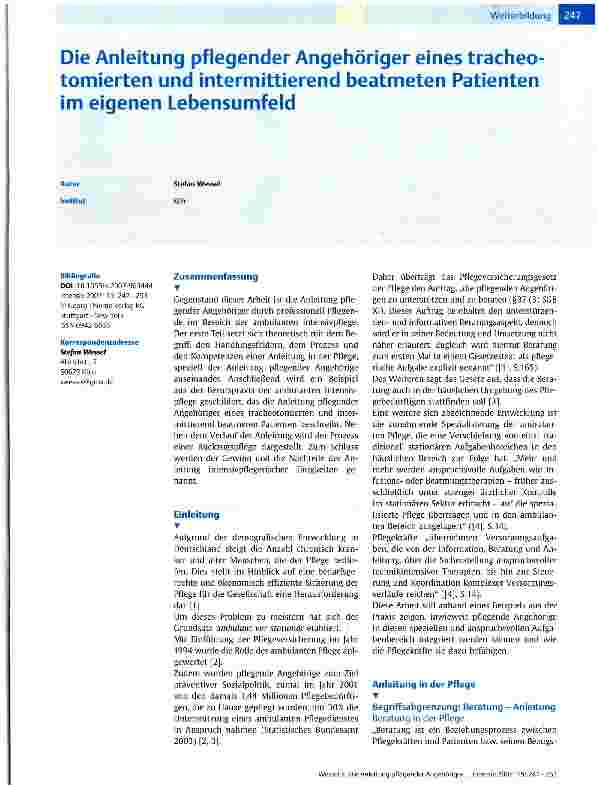 Vorschauseite 1: Die Anleitung pflegender Angehöriger eines tracheotomierten und intermittierend beatmeten Patienten im eigenen Lebensumfeld