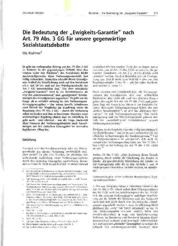 Vorschauseite 1: Die Bedeutung der Ewigkeits-Garantie nach Art. 79 Abs, 3 GG für unsere gegenwärtige Sozialstaatsdebatte
