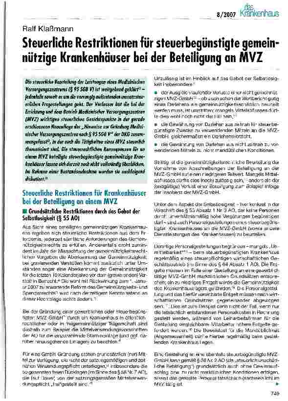 Vorschauseite 1: Steuerliche Restriktionen für steuerbegünstigte gemeinnützige Krankenhäuser bei der Beteiligung an MVZ