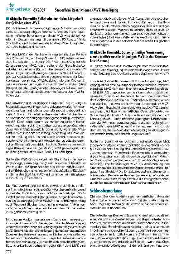 Vorschauseite 2: Steuerliche Restriktionen für steuerbegünstigte gemeinnützige Krankenhäuser bei der Beteiligung an MVZ