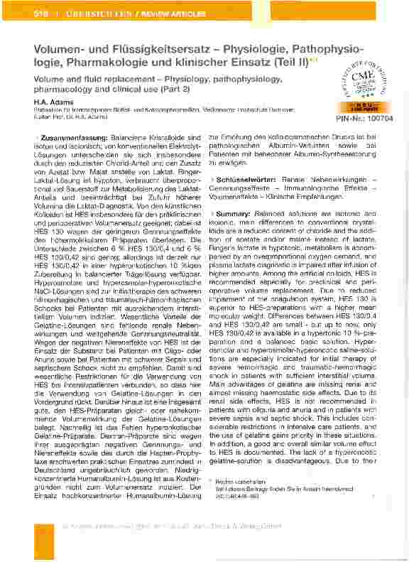 Vorschauseite 1: Volumenund Flüssigkeitsersatz - Physiologie, Pathophysio-iogie. Pharmakologie und klinischer Einsatz (Teil II)