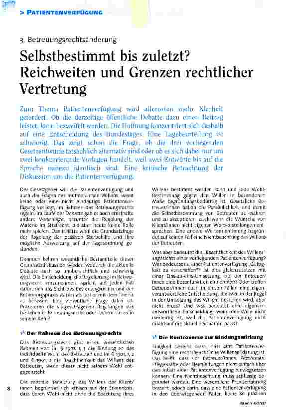Vorschauseite 1: Selbstbestimmt bis zuletzt? Reichweiten und Grenzen rechtlicher Vertretung