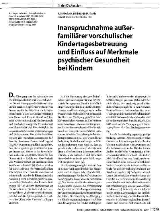 Vorschauseite 1: Inanspruchnahme außerfamiliärer vorschulischer Kindertagesbetreuung und Einfluss auf Merkmale psychischer Gesundheit bei Kindern