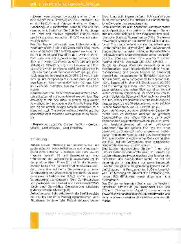 Vorschauseite 2: Abhängigkeit der inspiratorischen Sauerstofffraktion (F1O2) und des Sauerstoffpartialdrucks (paO2) vom Gasfluss in verschiedenen Sauerstoff masken