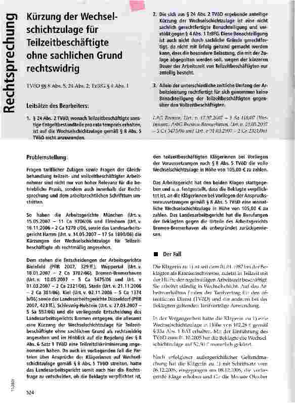 Vorschauseite 1: Kürzung der Wechselschichtzulage für Teilzeitbeschäftigte ohne sachlichen Grund rechtswidrig
