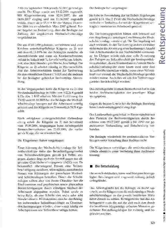 Vorschauseite 2: Kürzung der Wechselschichtzulage für Teilzeitbeschäftigte ohne sachlichen Grund rechtswidrig