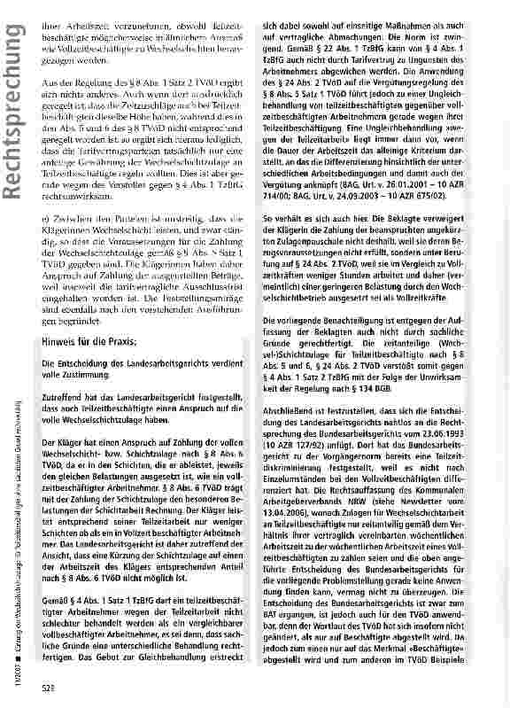 Vorschauseite 5: Kürzung der Wechselschichtzulage für Teilzeitbeschäftigte ohne sachlichen Grund rechtswidrig