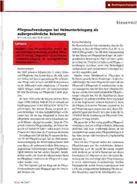 Vorschauseite 1: Pflegeaufwendungcn bei Heimunterbringung als außergewöhnliche Belastung