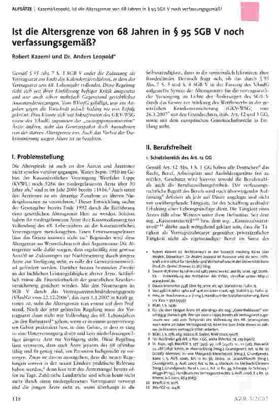 Vorschauseite 1: Ist die Altersgrenze von 68 Jahren in § 95 SGB V noch verfassungsgemäß?