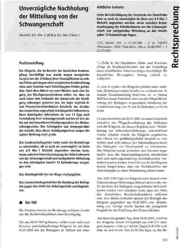 Vorschauseite 1: Unverzügliche Nachholung der Mitteilung von der Schwangerschaft