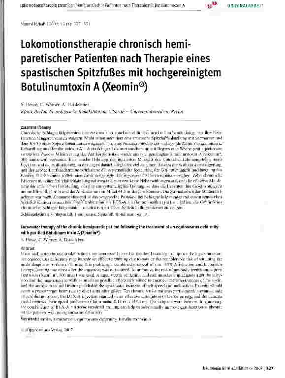 Vorschauseite 1: Lokomotionstherapie chronisch hemiparetischer Patienten nach Therapie eines spastischen Spitzfußes mit hochgereinigtem Botulinumtoxin